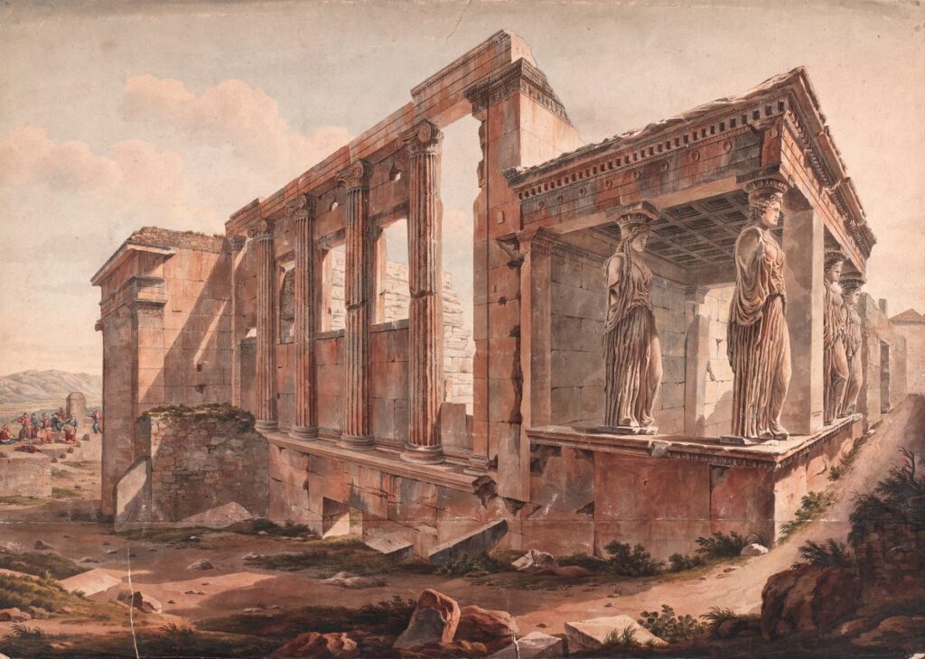 Aquarela feita em 1805 por Simone Pomardi do templo grego Erecteion em Atenas demonstrando os resquicios de cor nos monumentos gregos clássicos
