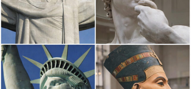 mosaico de 4 esculturas famosas cristo redentor - david de michelangelo - estátua da liberdade - busto de nefertiti
