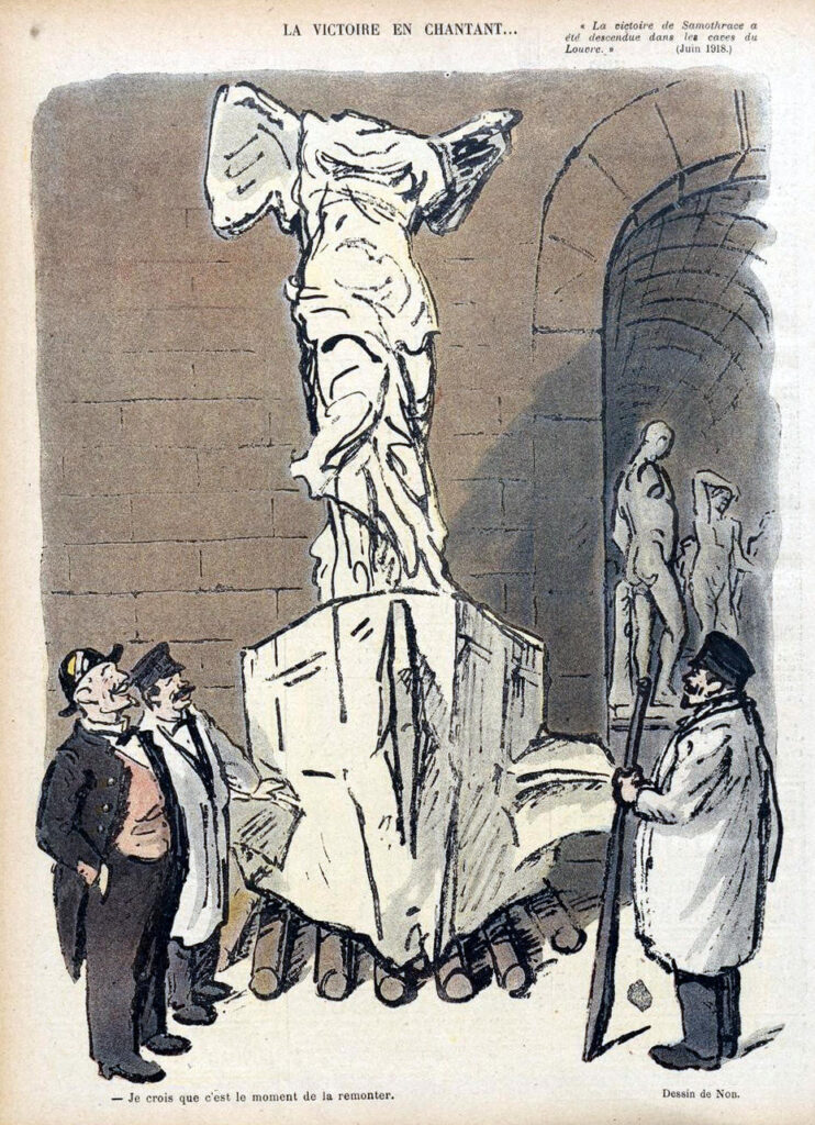 Ilustração antiga preto e branco da Vitória de Samotrácia sendo apreciada no museu