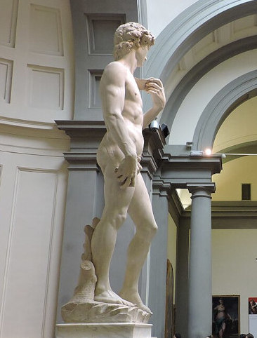 A estátua David posicionada sob uma cúpula de vidro na Galeria da Academia