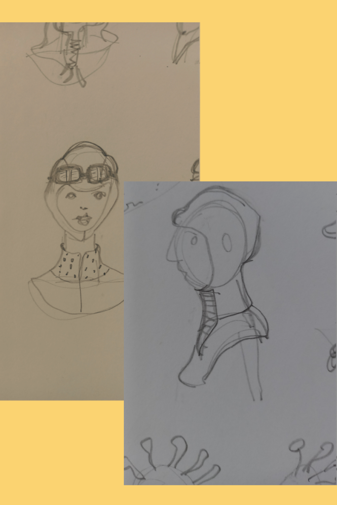 desenhos a lápis de cabeças de mulher usando capacetes de estilo vintaga